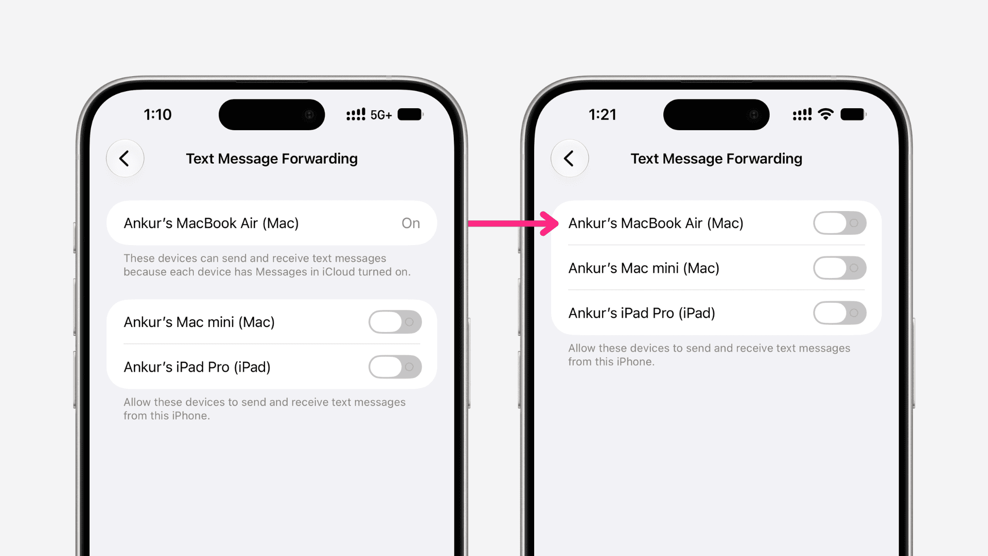 ¿No puedes desactivar el reenvío de mensajes de texto del iPhone al Mac o iPad?